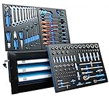 DeTec. Werkzeugkiste 2033 Carbon mit Werkzeug | Werkzeugkasten in blau | 3 Schubladen inkl. 129 tlg. Werkzeugsortiment